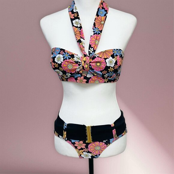 Unique Vintage 2 Piece Swimwear Matching Set Floral Multicolor Strapless Bikini - Picture 3 of 13